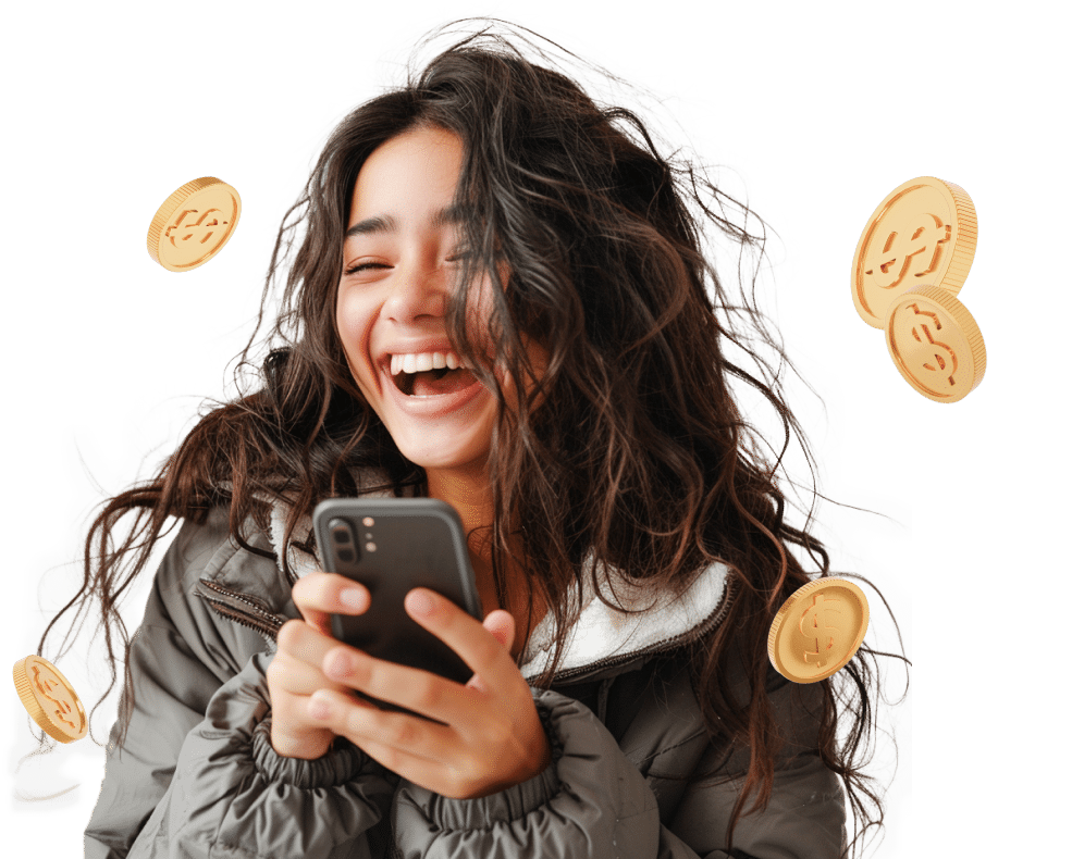 Persona feliz usando la aplicación de préstamos Cridit en su teléfono móvil